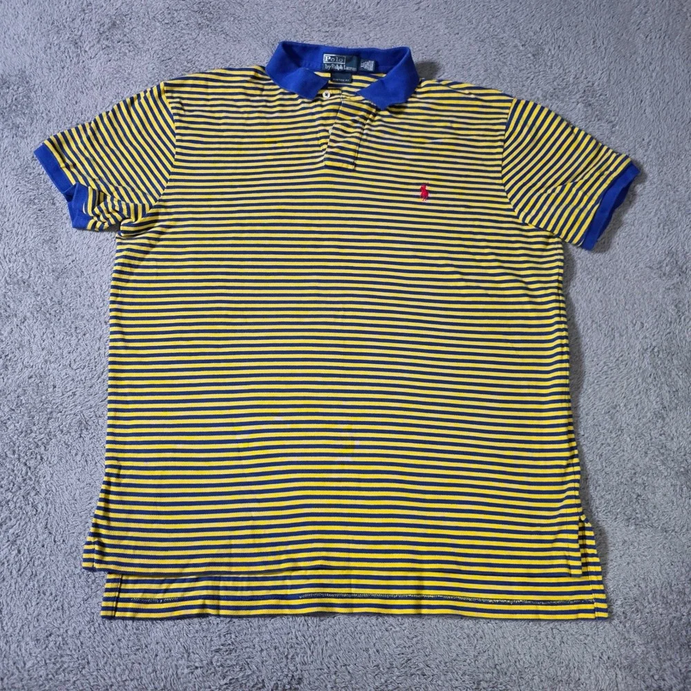 Polo Ralph Lauren Mens XL Polo Shirt Yellow Blue Striped Custom Fit Red Pony